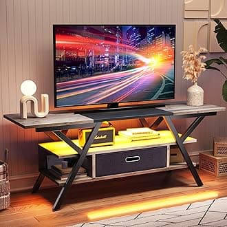 Bestier 140cm TV Stand for TVs up to 55 Inch, Industrial Rustic TV Cabinet with LED Lights (20 Modes) & Fabric Drawer, Gaming & Entertainment Center