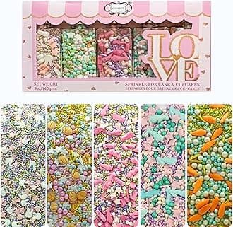 Confect Spring Sprinkle Mix – 5-Pack Bunny-Themed Edible Sprinkles | Pink, White & Blue with Stars, Pearls & Vermicelli | Perfect for Cakes, Cupcakes, Cookies & Baking | Vegan, Gluten-Free- 140 Gms