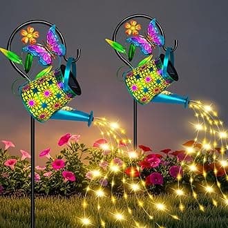 Solar Watering Can with Lights, Waterproof Solar Lantern with Butterfly Shepherd Hook, Hanging Garden Lights for Patio Yard Lawn Porch Outdoor Decoration 2 Pack