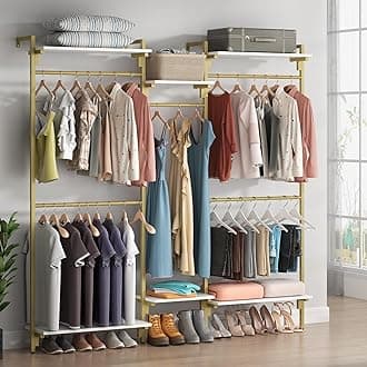 White/Gold Wall Mount Clothes Rack with 5 Hanging Rods, Clothing Rack with 6-Tier Storage Shelves, Closet Storage Organizer System Kit, Heavy Duty Garment Rack with Metal Frames (80.71" L*78.74" H)