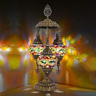 mozaist Turkish Table Lamp, Bohemian Night Light with 3 Mosaic Globe, Handmade Moroccan Bohemian Bedside Lampshade with North American Plug & Socket, Colorful