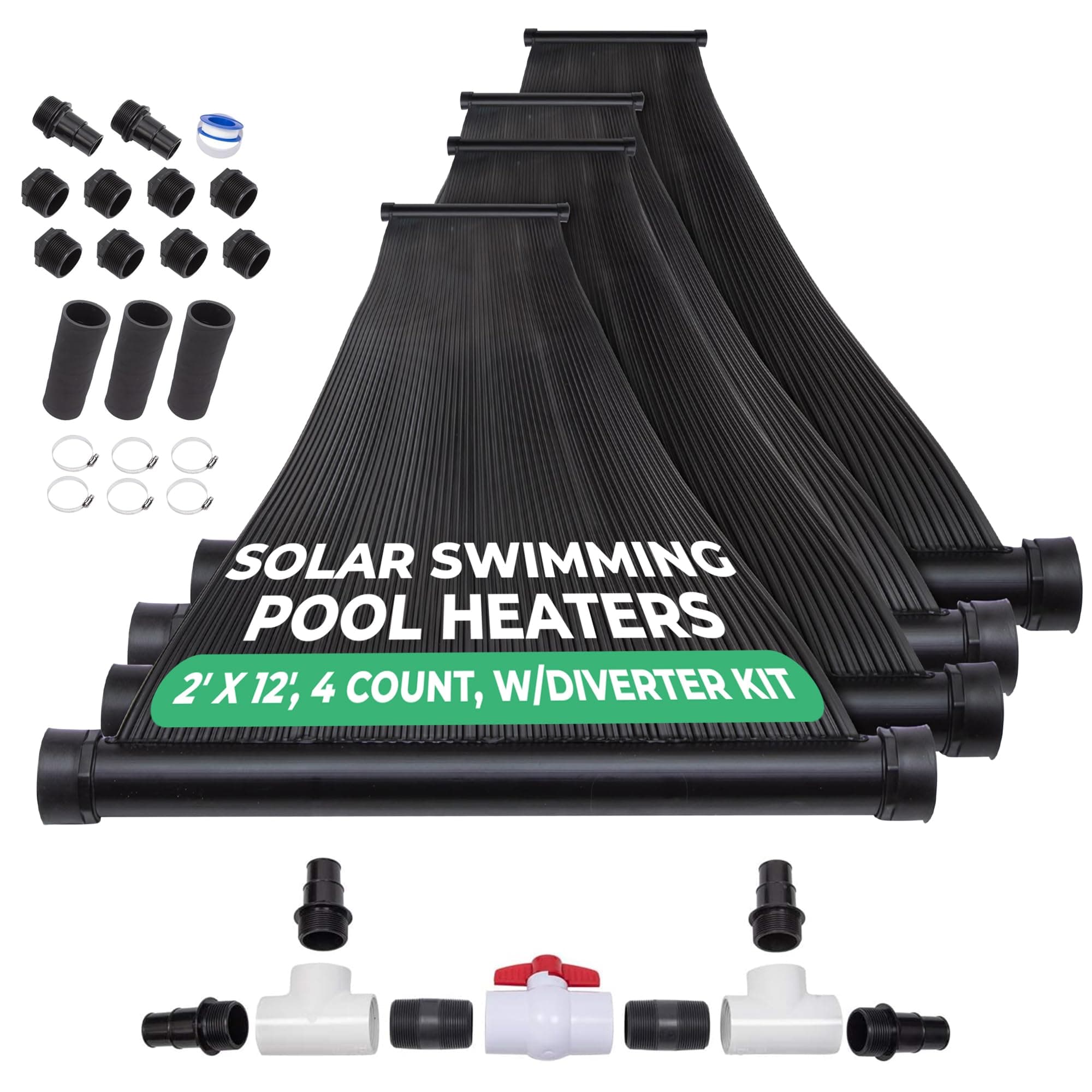 SunQuest Solar Pool Heater System - 4 (2ft x 12ft) Collectors w/Diverter Kit - Solar Heater for Above Ground & Inground Swimming Pools - DIY - Tube on Web Design Panel - Polypropylene UV Resistant