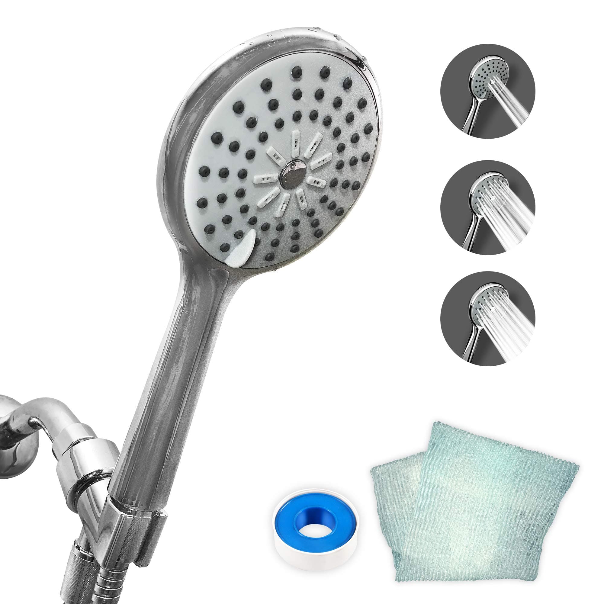 High Pressure Handheld Shower Head - For Best Use, Hand Held Showerhead Comes With Stainless Steel Hose, Adjustable Holder, Teflon Tape, Exfoliating Washcloth - Chrome