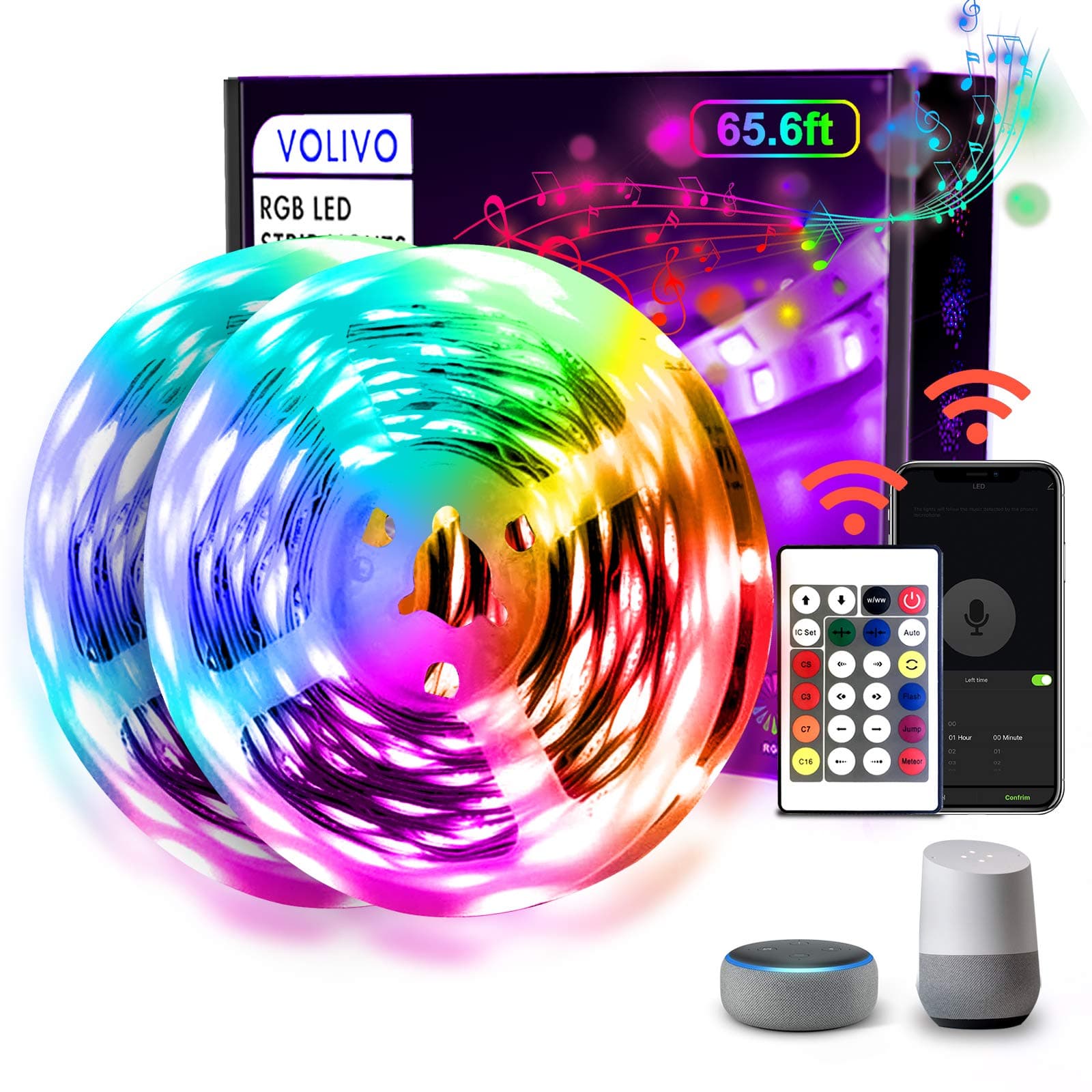 65.6 FT WiFi LED Strip Lights,LED Light Strip Compatible with Alexa and Google Home,App/Remote/Voice Controlled Music Sync Color Changing Lighting for Bedroom Kitchen,Party,TV