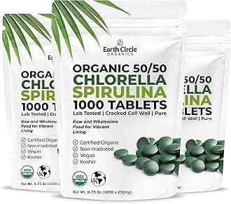 Premium Organic Chlorella / Spirulina Tablets 1000 Count (50/50) | Vegan, Kosher Green Algae Superfood | Cracked Cell Wall for Maximum Absorption | High in Protein, Iron, Chlorophyll - Pack of 3