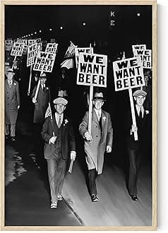 HAUS AND HUESProhibition Wall Art- We Want Beer Vintage Wall Art, Unique Gift for Men Vintage Wall Decor, Funny Poster Bar Artwork, Black and White Poster Frameable (Beige Frame, 24x36)