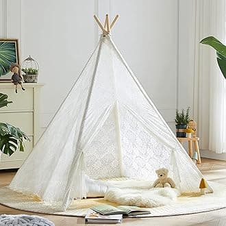 Asweets Kids Teepee Tent, Children Play Tent, Indoor Outdoor Cotton Play Tent for Girls & Boys Kids (White Lace Tent)
