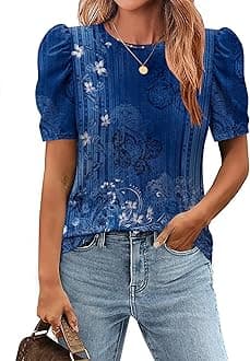 Zeagoo Blouse for Women Dressy Casual Puff Short Sleeve Boho Tops Fashion Floral Crew Neck Tunic Shirts Summer Clothes