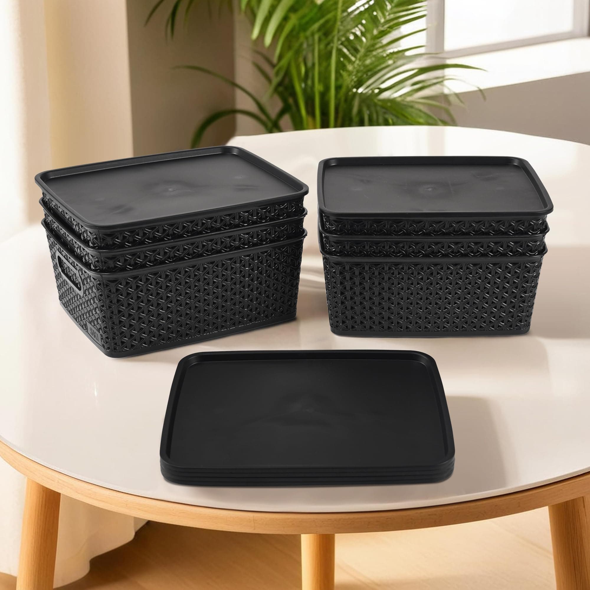 Kuber Industries 6 Pcs Stackable Plastic Storage Box with Lid | H3 Multi-Purpose Basket for Storage - Ideal Home Organizers for Baby Dress, Stationary, Medicine & Pooja Items | Black