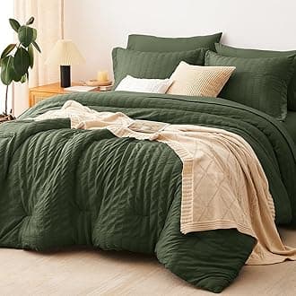CozyLux Queen Comforter Set Olive Green Seersucker 7 Pieces Bed in a Bag Queen Comforter Set with Sheets, Luxury Bedding Sets with Down Alternative Comforter, Sheets, Pillowcases & Shams All Season