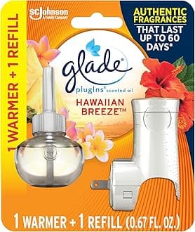 Glade PlugIns Refills Air Freshener Starter Kit, Hawaiian Breeze, Scented and Essential Oils for Home and Bathroom, 0.67 Fl Oz, 1 Warmer + 1 Refill