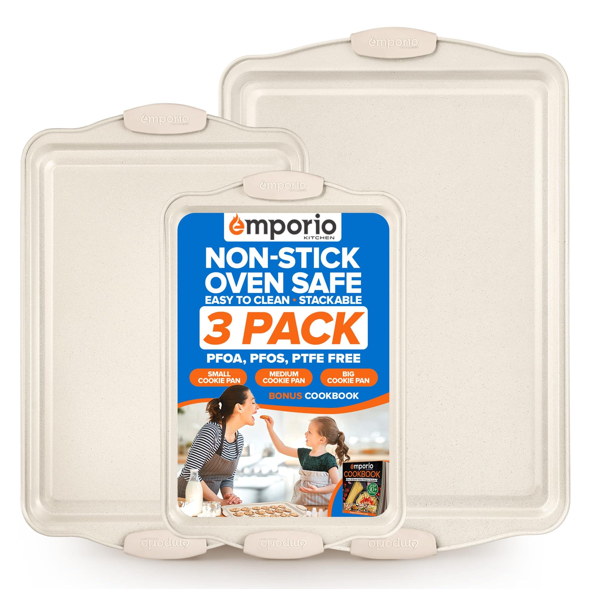 Baking Pan Set - Nonstick Coating, Carbon Steel Bakeware Set with White Silicone Handle, PFOA, PFOS, PTFE Free, Recipe Booklet Included, Oven Safe Tray (Up To 450° F), Set of 3 - White