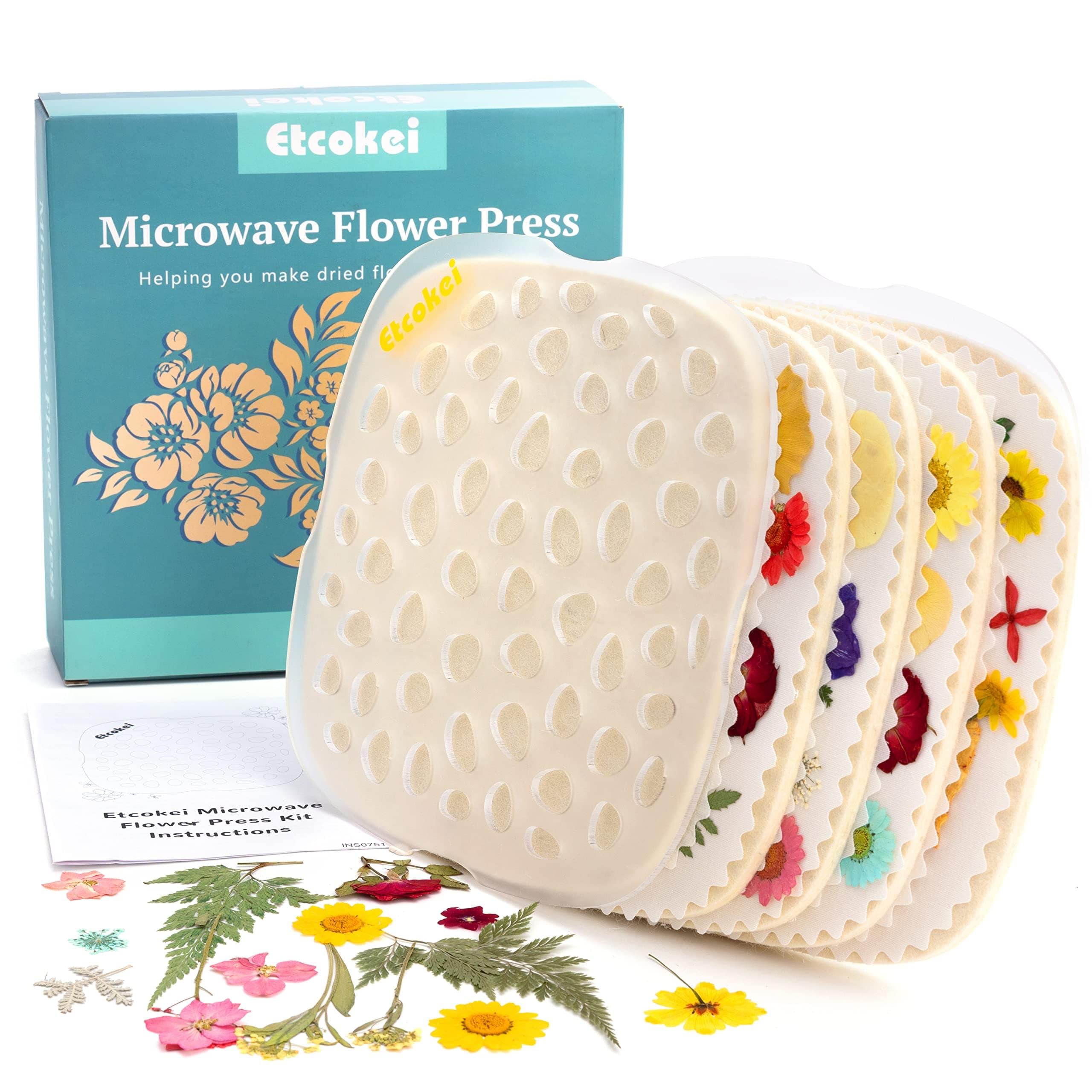 Etcokei Microwave Flower Press Kit - 4 Layer Quick Flower Pressing Tool, Great for Resin Arts, Scrapbooking, Nail Craft & DIY Arts - Adults & Kids