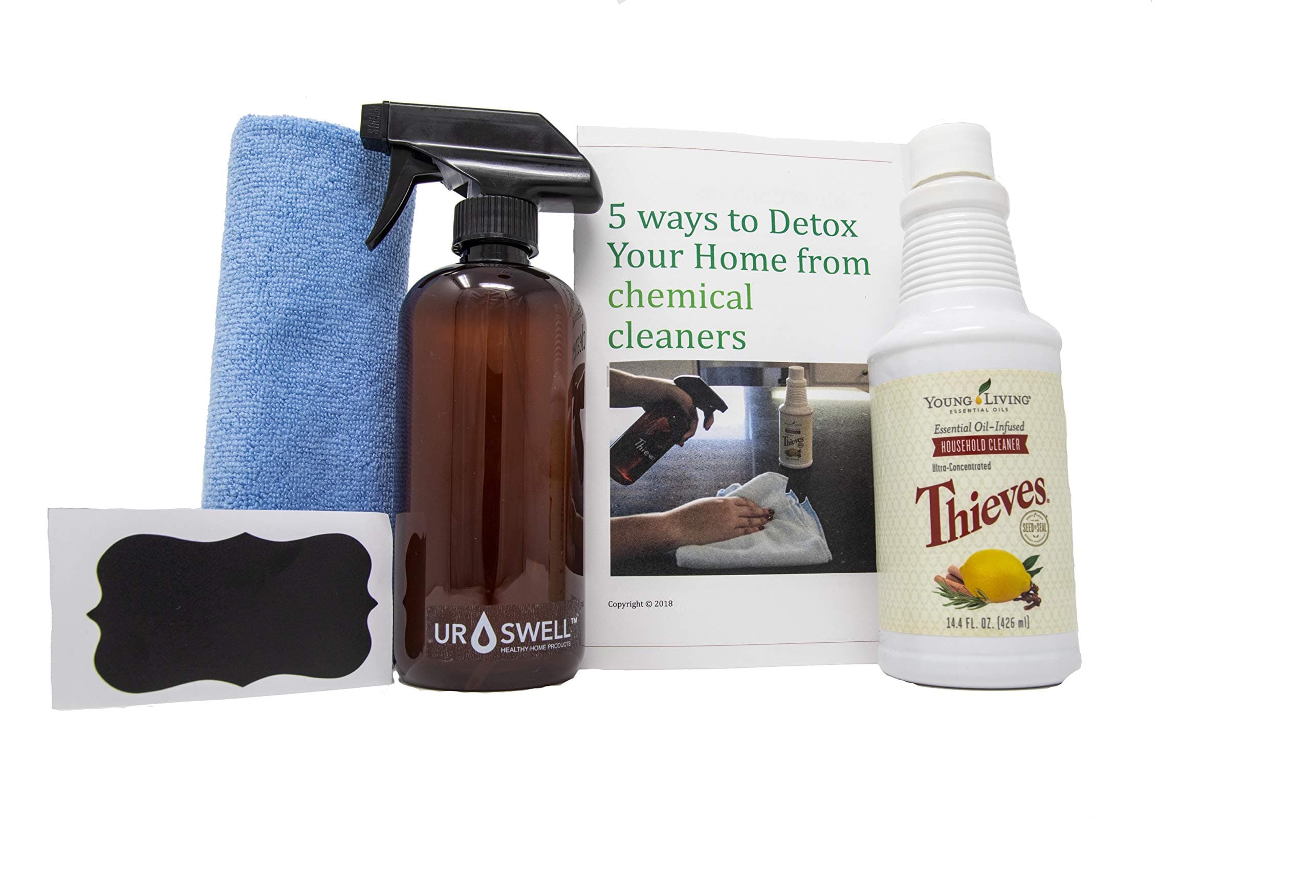 Thieves Household Cleaner Kit (5 Product bundle) - includes: Young Living Thieves Cleaner 14.4 fl.oz, Plastic Amber Spray Bottle 16oz (PET #1-BPA Free) PLUS Chalk Label, 16X16" Microfiber cloth & book