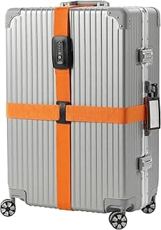 Navaris TSA Luggage Strap - Secure Adjustable Strap for Suitcases with Combination Lock - Lockable Cross Case Travel Belt for Luggage with ID Tag - Orange
