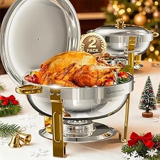WARMOUNTS Gold Chafing Dishes for Buffet, 5QT Round Chafing Dish Buffet Set w/Lid Holder, Thickened Stainless Steel Chafers and Buffet Warmers Sets for Weddings, Events, Banquet (2)