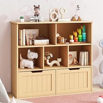 Toy Storage Organizer with Bookshelf, Large Toy Organizers and Storage 2 Movable Drawers with Hidden Wheels and 5 Storage Cubbies, Kids Bookshelf and Toy Storage Chest, Playroom Furniture, Oak