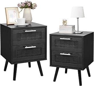 Finnhomy Nightstand, End Table, Side Table with 2 Hand Made Rattan Decorated Drawers, Nightstands Set of 2, Wood Accent Table with Storage for Bedroom, Full Black, 2 Pack
