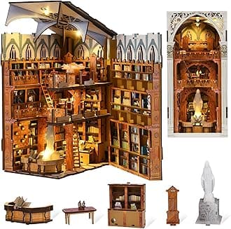 Book Nook Kit, DIY Miniature Dollhouse Booknook Kit, 3D Wooden Puzzle Bookend Bookshelf Insert Decor with LED Light for Teens and Adults (Public Library)