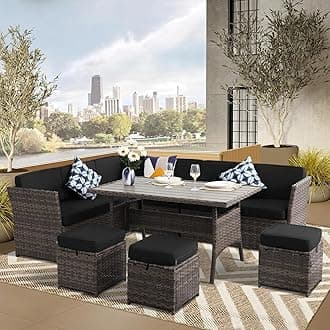 7 Pieces Patio Furniture Set, Outdoor Patio Furniture, Wicker Conversation Set with Dining Table, Chairs and Ottoman (17-7PDTS-27MDBL)