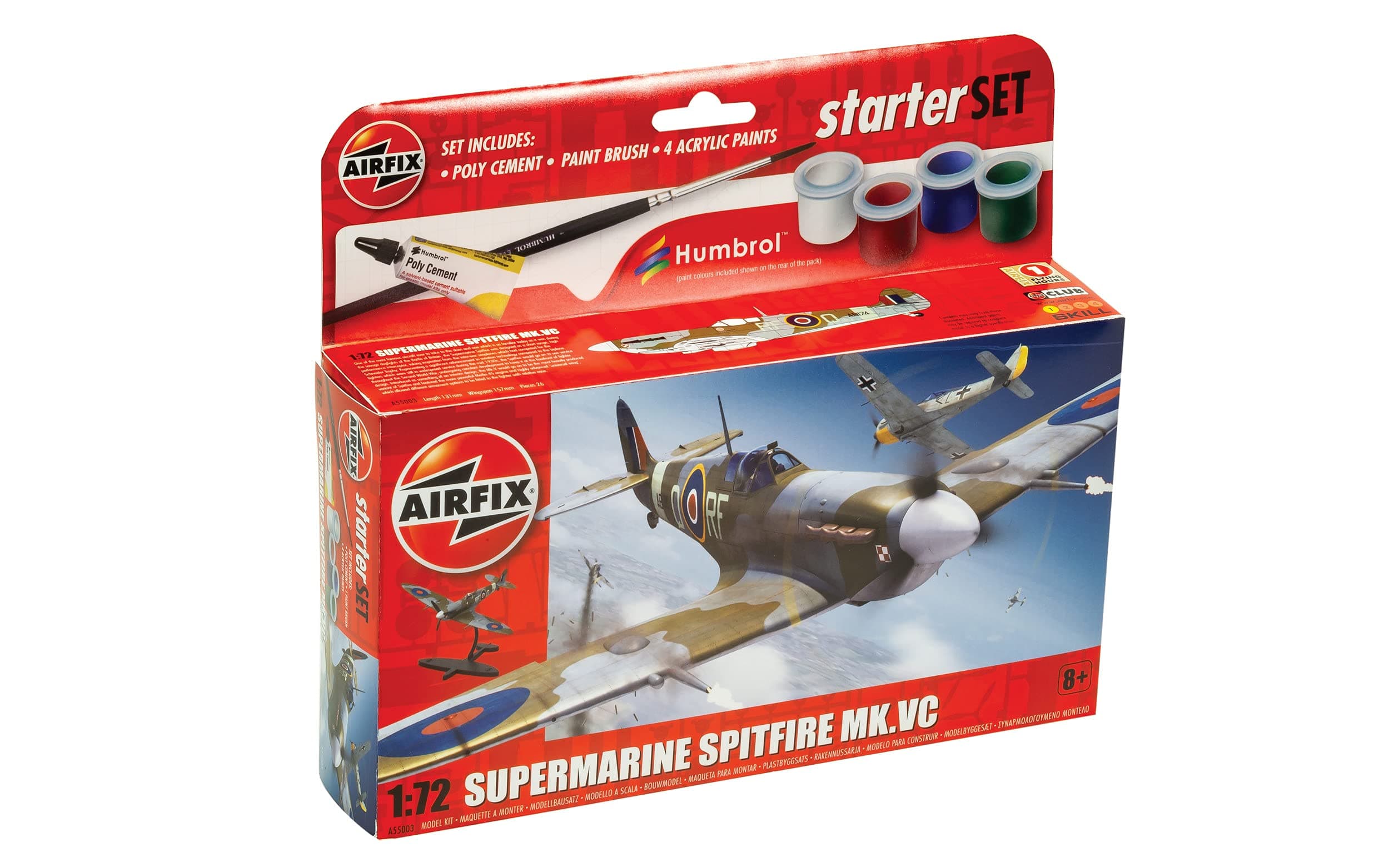 Starter Set - A55001 Supermarine Spitfire MkVc Model Building Kit - Plastic Model Plane Kits for Adults & Children 8+, Set Includes Decals, Paints, Brushes & Poly Cement - 1:72 Scale Model