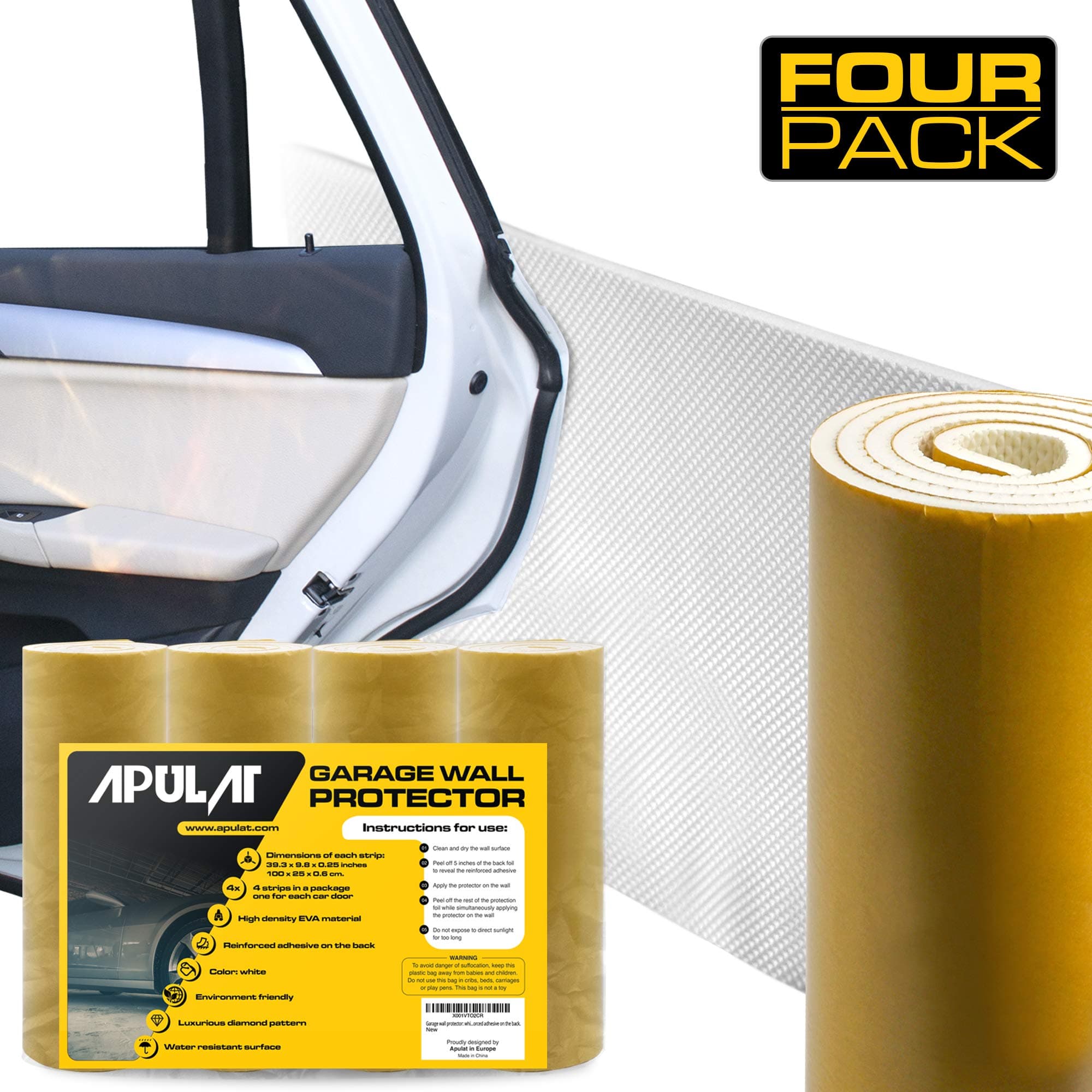 Garage Wall Protector – 25% Wider Than Any Other Products - Guards Your car Doors and Garage Walls Against Scratches - 1/4" Thick - 4 Strips - White – Reinforced Adhesive Bumpers