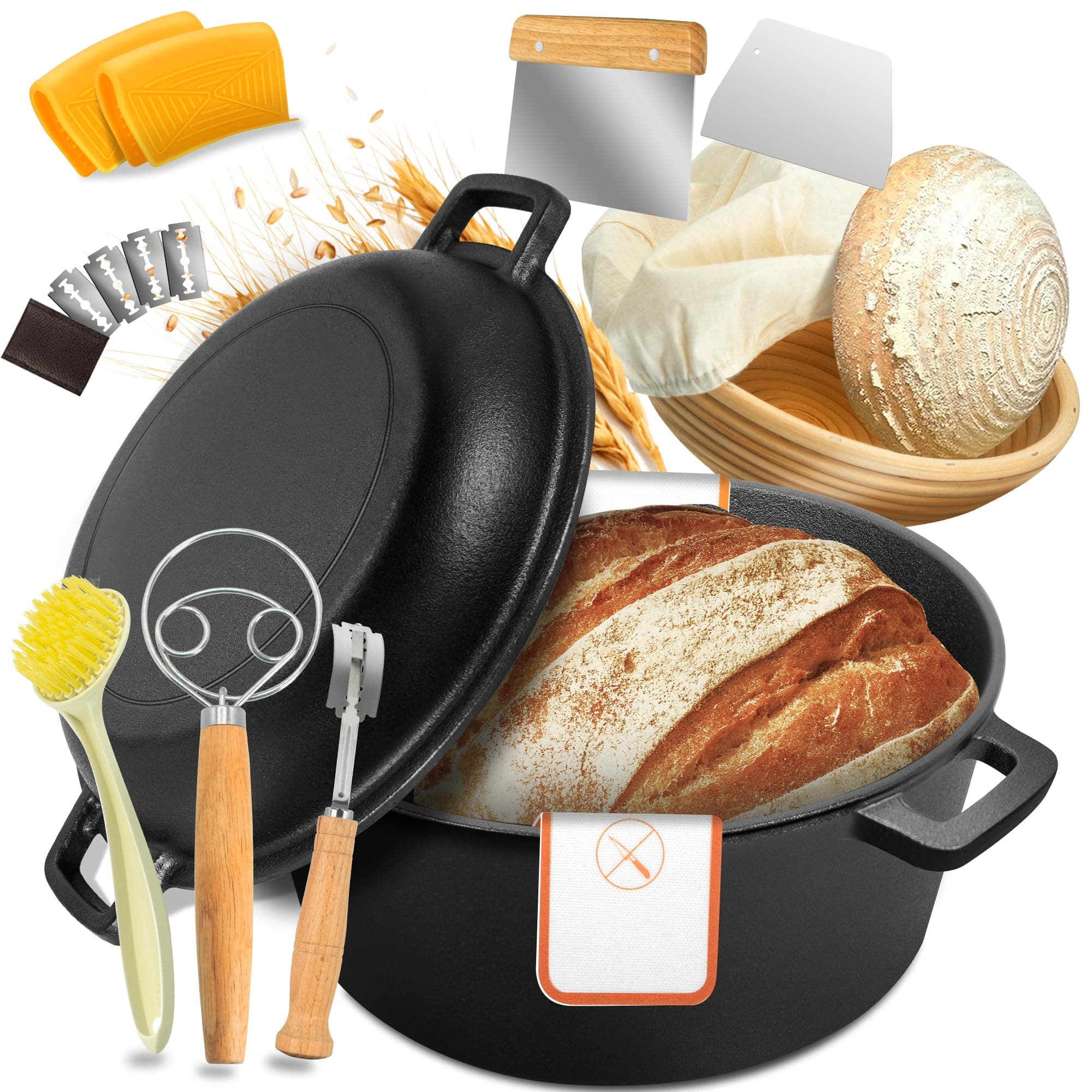 Cast Iron Dutch Oven for Bread Baking, 5 QT Pre-Seasoned Pot with Skillet Lid, Includes Sourdough Bread Baking Supplies, Cast Iron Pot for Frying, Braising, BBQ