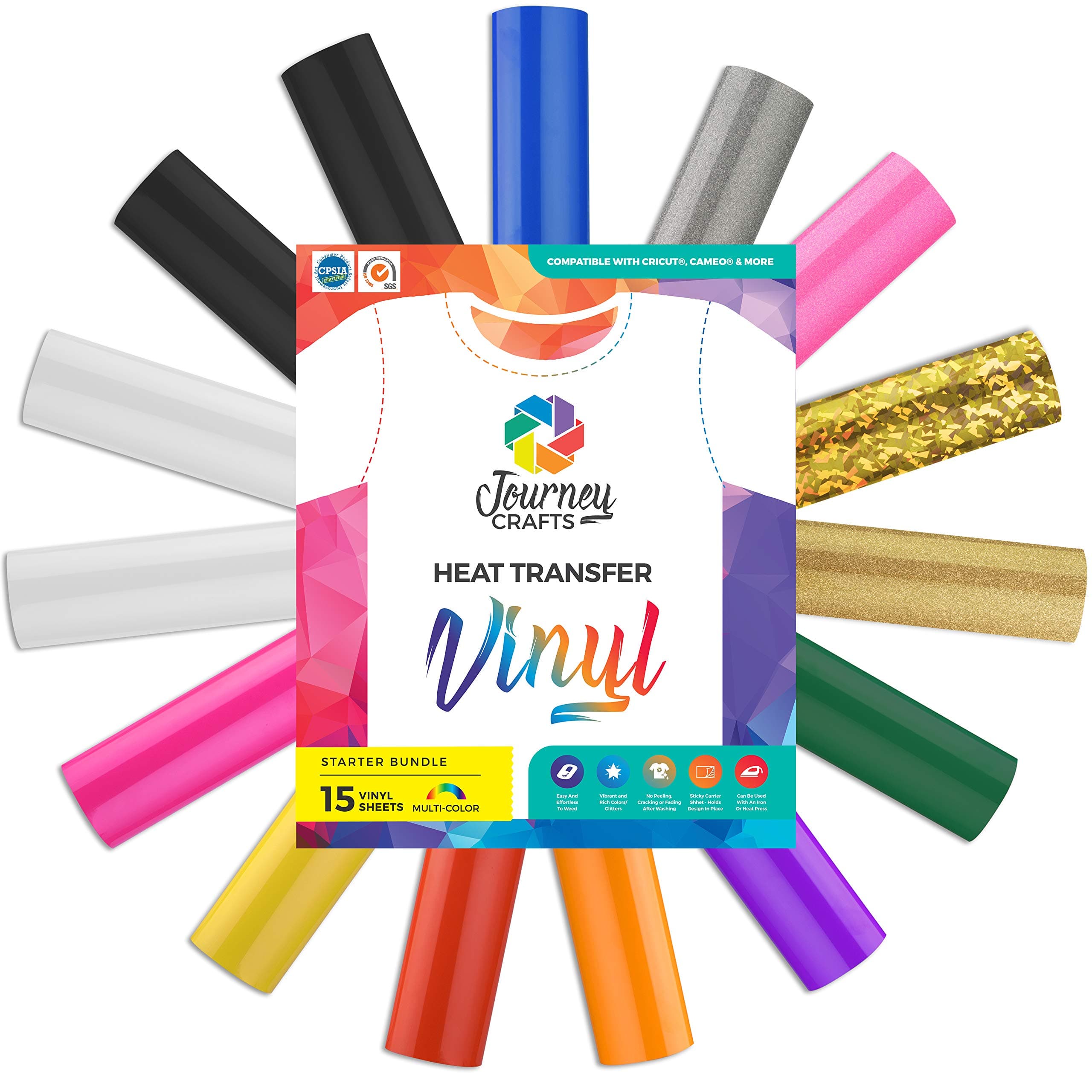 Heat Transfer Vinyl Bundle Iron On Vinyl HTV Vinyl Bundle Starter Kit Colors & Silver Gold Glitters Holographic 15 Sheets Compatible with Cricut Cameo Heat Press