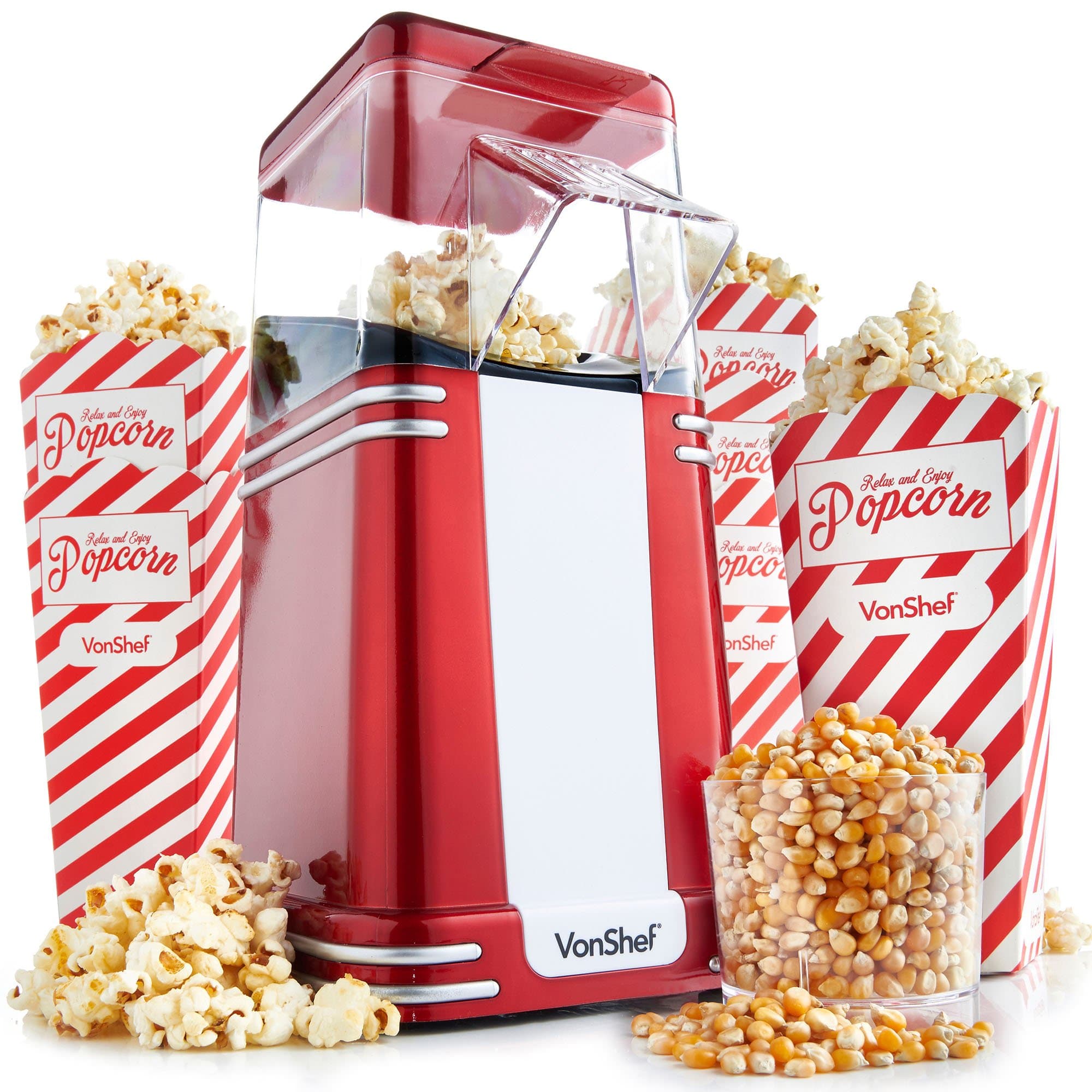 VonShef Popcorn Machine Retro – 1200W Air Popcorn Maker with Hot Air Circulation, One Touch Operation Movie Night Accessories, Healthy & Oil Free Snack Maker with 6 Boxes – Red