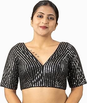 Women's Sequin Embroidered V Neck Elbow Half Sleeve Readymade Saree Blouse Indian Ethnic Designer Stitched Plus Size Top Padded Lavender Pink Blue Silver Black Gold Red Green | E1