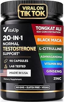 VitaUp Normal Testosterone Supplement for Men - USA Made Normal Testosterone Support with Tongkat Ali, Black Maca Root, Zinc, Vitamin B12, Ashwagandha - 20 in 1 Advanced Complex - 90 Vegan Caps