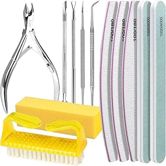 FANDAMEI Nail Files & Buffer Block Set, Nail Files 100/180, Nail Buffer Block, Nail Cuticle Nippers, Cuticle Pusher, Cuticle Peeler, Nail Lifter, Toenail File, Nail Brush for Manicure & Pedicure