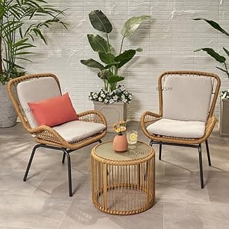 BRISHI Rattan & Wicker Garden Patio Seating Chair and Table Set Outdoor Balcony Garden Coffee Table Set Furniture and 2 Chairs 1 Table Set with Cushion (Beige), 67 cm , 58 cm , 64 cm