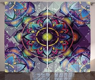 Ambesonne Lotus Curtains, Psychedelic Surreal Geometry Mandala Background Futuristic Effects Print, Living Room Bedroom Window Drapes 2 Panel Set, 108" X 63", Lilac Blue