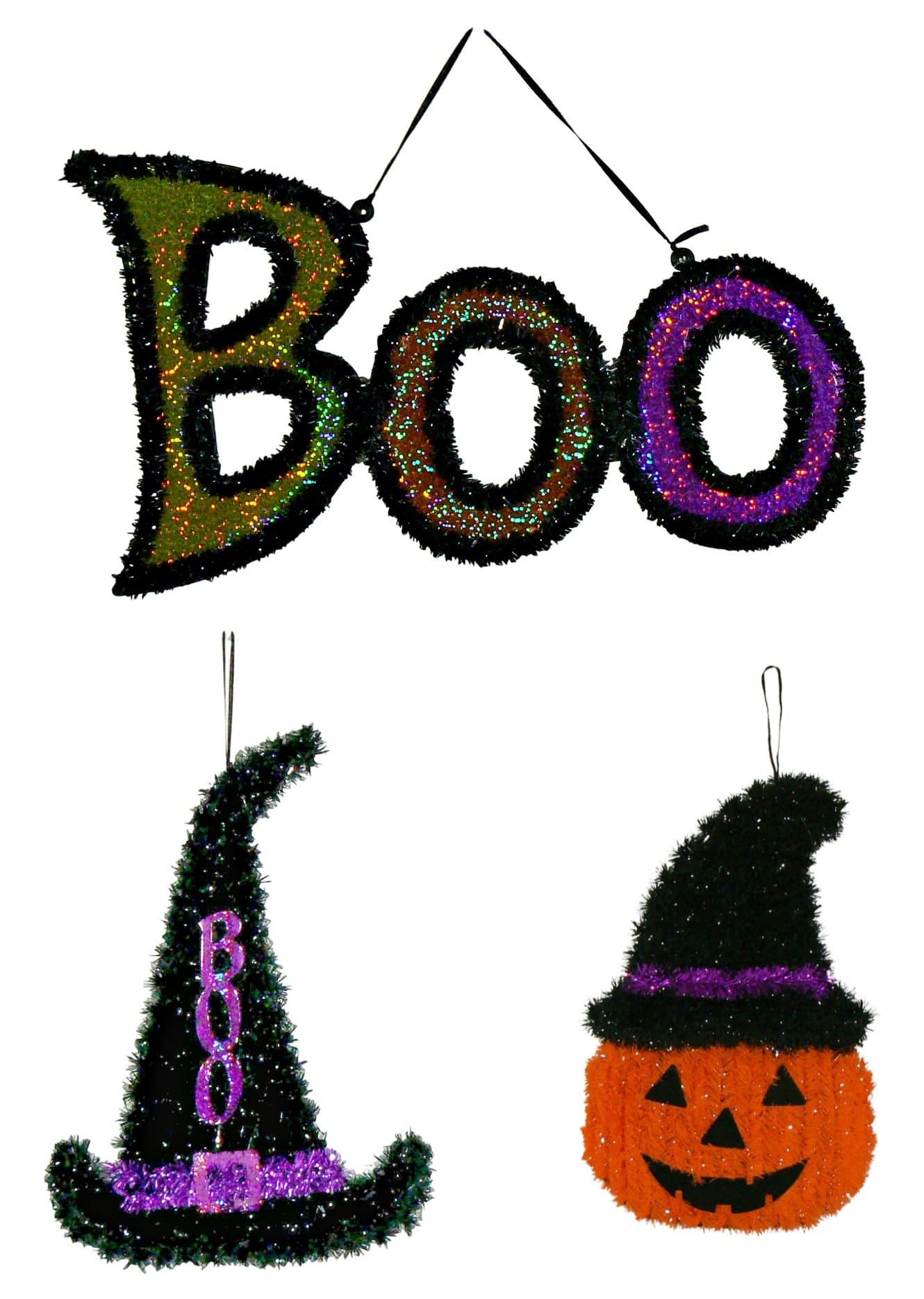 Hanging Tinsel Halloween Character Bundle – 3 pc Witchy Pumpkin, Shimmering Boo, Black Witch Hat