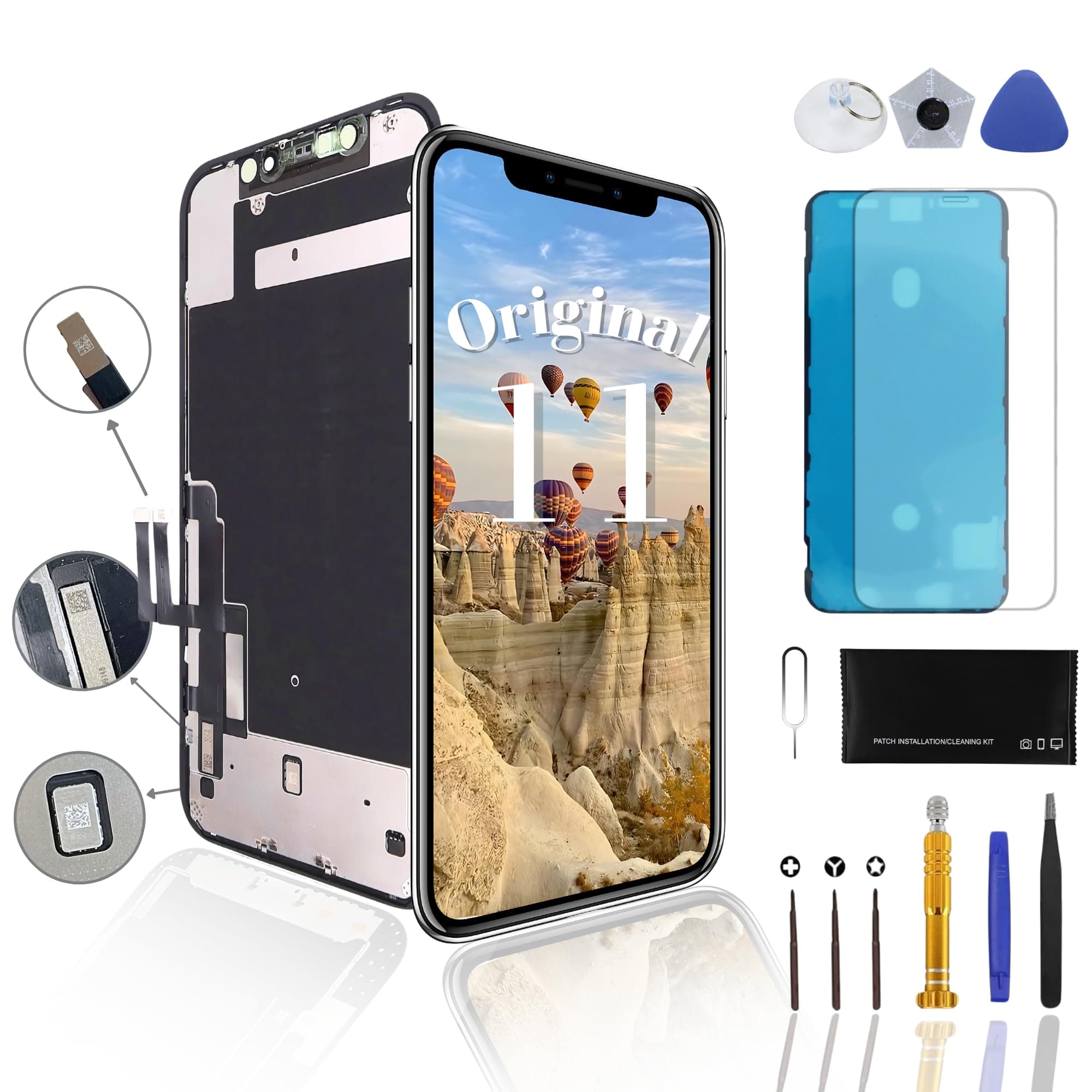 Refurbished Original 6.1”OEM Pull Screen Replacement for iPhone11 A2111 A2221 A2223 Digitizer LCD Display with Assembly Full Repair Toolkit Tempered Glass Protector Waterproof