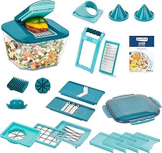 Nicer Dicer Chef Professional Food Slicer Set 23 Pieces Vegetable Slicer Lid 5.2 L Capacity Spiral Inserts Tomato Cutter Julienne Salad Cutter with Recipe Book