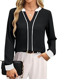 Fayenne Womens Tops Dressy Casual V Neck Color Block Business Casual Blouses Long Sleeve Work Shirts Fall Trendy Clothes