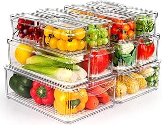 ZIJUND 14 Pack Fridge Organizer, Stackable Refrigerator Organizer Bins with Lids, BPA-Free Fridge Organizers and Storage Containers for Fruit, Vegetable, Food, Drinks, Cereals, Clear