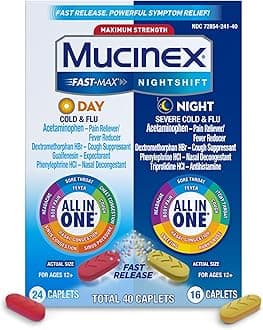 - Fast-Max Day Cold and Flu & Nightshift Night Severe Cold and Flu Medicine for Adults, Day/Night Combo Pack for Fever, Sore Throat Relief, Decongestant, Cough & Cold Medicines, 40 Caplets