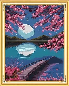 Findvoor Stamped Cross Stitch Kits for Beginners Full Range of Cross Stitching Embroidery Pattern for Adults, 11CT DIY Needlepoint Embroidery Starter Kits-Moonlight Blossoms 15.7x19.7 inch