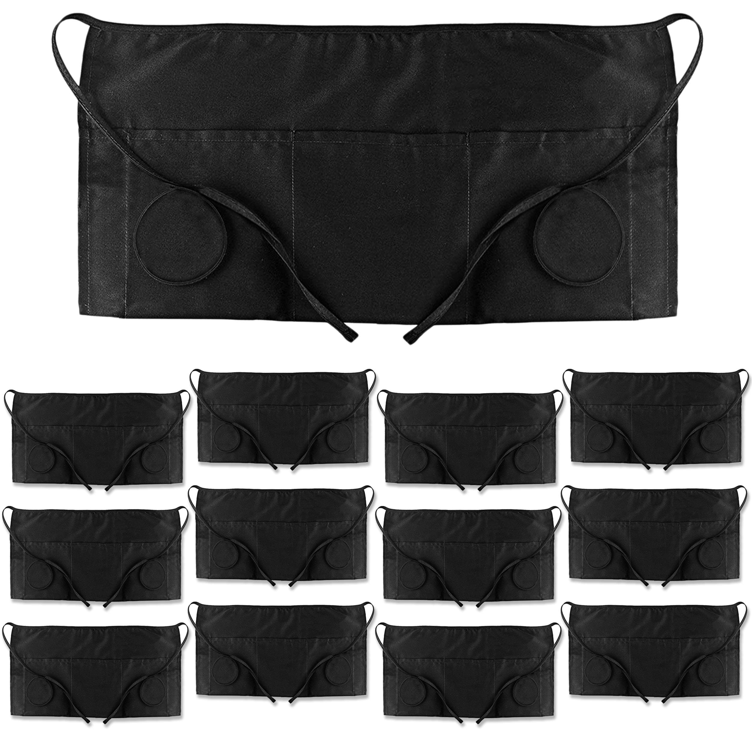 PERLLI Waitress Apron 3 Pocket Waist Apron, Black Waitress and Server Aprons with Pockets for Waiter Women and Men (12 Pack)
