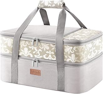 Insulated Double Decker Casserole Carrier for Hot or Cold Food, Lasagna Lugger Holder Fits 9" x 13" Baking Dish, Thermal Lunch Tote Bag for Potluck Parties, Picnic and Cookouts, Grey