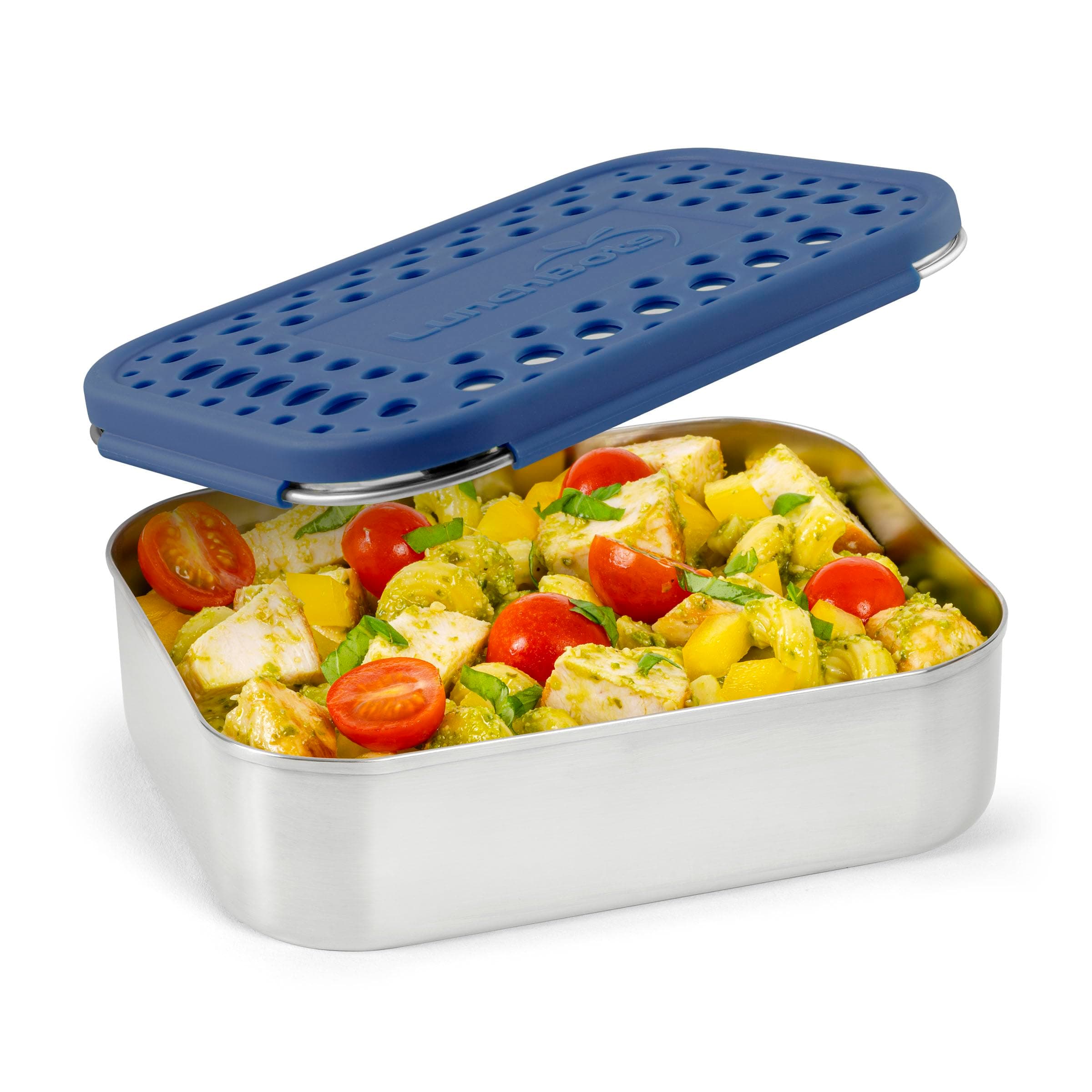 LunchBots Medium Uno Stainless Steel Sandwich Container - Open Design for Wraps - Salads or a Small Meal - Eco-Friendly - Dishwasher Safe and BPA-Free - Blue Dots