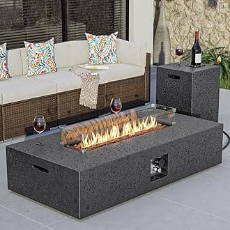 56 x 28 inch Outdoor Propane Fire Pit Coffee Table w Concrete Rectangle Base, Certified, 50,000 BTU, Free Lava Rocks and RainCover, Fits 20lb Tank Outside, Wind Guard, Tank Cover, Gray