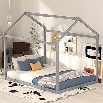 Queen Montessori Floor House Bed with with Roof and Headboard,Wooden Low Platform Bed Frame with Slats Support,Montessori Floor Beds for Boys Girls Bedroom,No Box Spring Needed,Easy Assembly,Gray