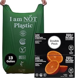 Extra Large Compostable Trash Bags - 13 Gallon, 60 Pack | Plastic-Free & Decomposing Tall Kitchen Garbage Bags & Liners with Easy-Tie Handles | Thick Bin Bags for Green & Food Waste