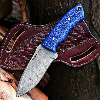 Fixed Blade Damascus Steel Hunting Knife, 9'' Full Tang, Non-Slip Wooden Handle, Camping Knife (BLUE) with Leather Sheath