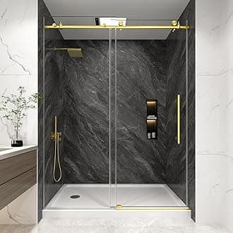 KPUY Frameless Shower Door, 43-48" W x 76" H Sliding Glass Shower Door, 1/4" (6mm) Thick Tempered Clear Glass with Explosion-Proof Film Nano Coating, Stainless Steel Hardware, Brushed Gold