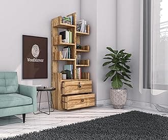 Sheesham Wood Free Standing Book Shelf | Multipurpose Bookshelf Storage Display Rack with 8 Shelf & 2 Drawer with Lock for Ofice | Decorative Corner Shelf Bookcase for Home Decor | Pine